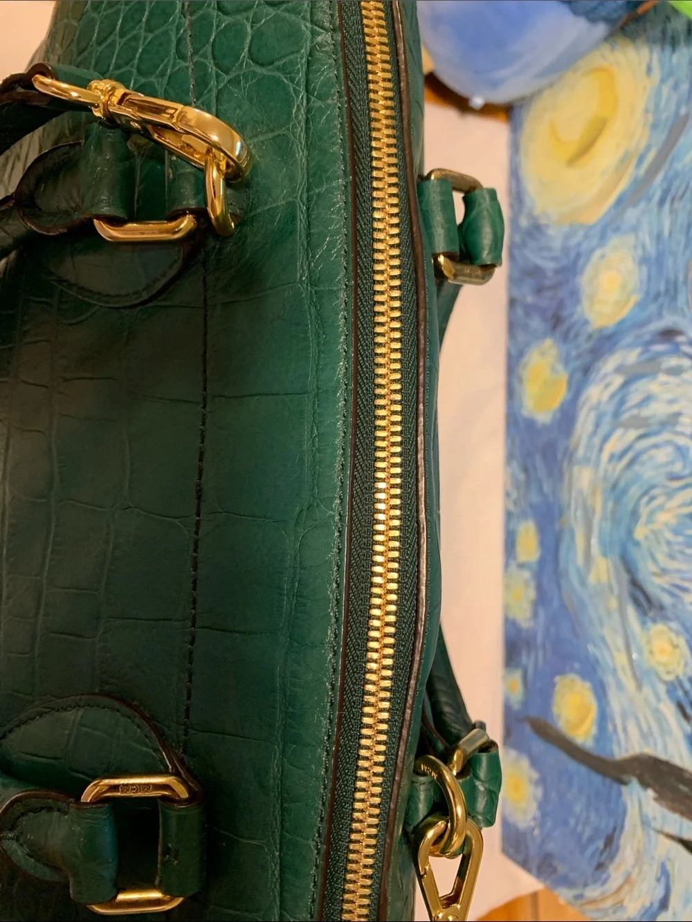 MCM Green Croc-Embossed Satchel with Gold Plaque with  Authenticity Card
